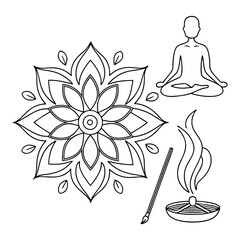 Line Art Yoga and Meditation Icons – Mandala, Incense, Pose, Minimal Design