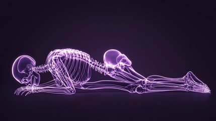 X-ray style digital artwork of a human figure in a lying on a back position with legs bent upwards. The skeleton is fully visible with realistic bone structure, rendered in translucent white with soft
