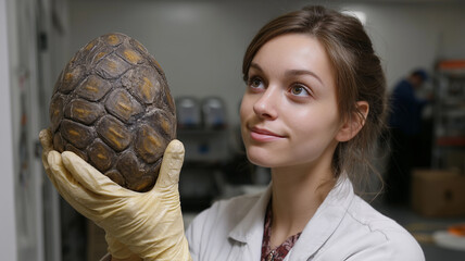 This scientist studies a preserved egg from an extinct animal species in a laboratory.