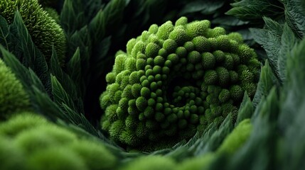 Intricate fractal geometry of a romanesco broccoli with leafy green texture background