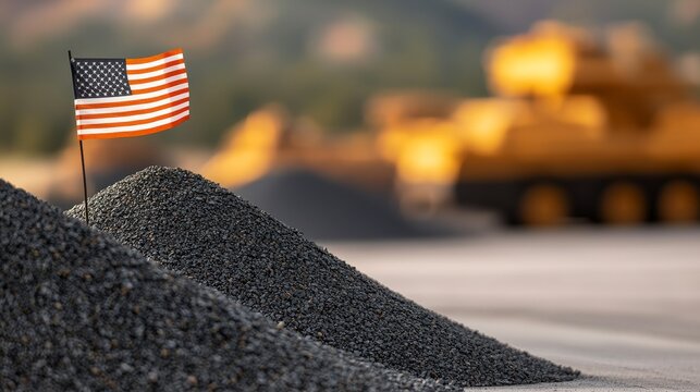American Flag on a Gravel Heap with Construction Equipment in the Background at a Worksite During Daylight