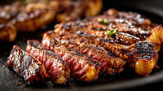 Juicy medium-rare ribeye steak, perfectly grilled. A celebration of rich flavors and culinary mastery.