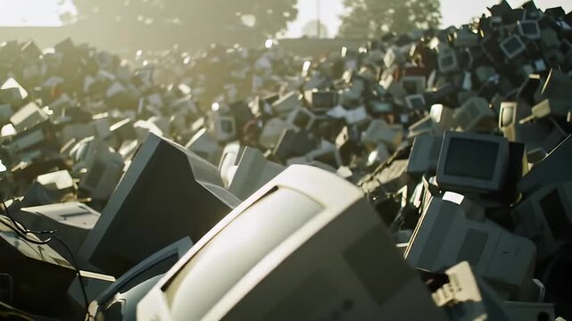 A sunlit pile of discarded, vintage CRT monitors and cables in a dump landscape