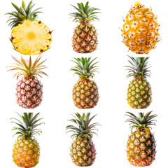 Nine pineapples, whole and sliced, various colors