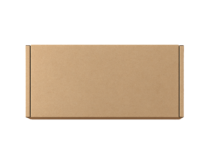 An overhead view of a closed brown cardboard shipping box isolated on a clean transparent background