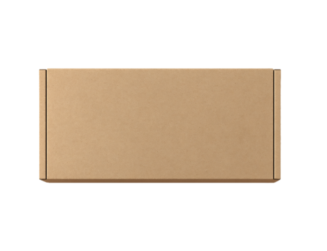An overhead view of a closed brown cardboard shipping box isolated on a clean transparent background