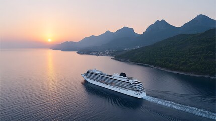 Cruise ship sailing near mountains at sunset reflecting on the water.