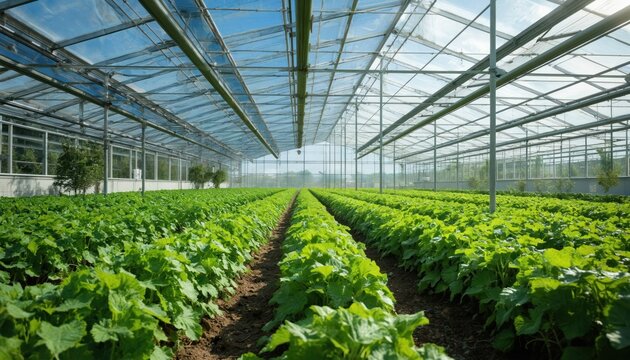 Agrivoltaics innovation combines farming and solar energy. Panels installed above crops optimize land use, generate renewable power. Greenhouse cultivation of vegetables, plants.