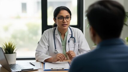 India doctor consults with patient in sunny office for healthcare solution. Suitable for medical, healthcare, Indian culture, consultation concepts. - Powered by Adobe