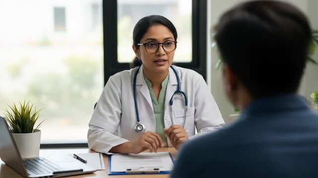 India doctor consults with patient in sunny office for healthcare solution. Suitable for medical, healthcare, Indian culture, consultation concepts. - Powered by Adobe