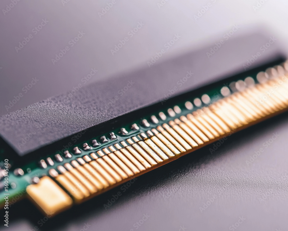 Poster high resolution close up of computer memory module showcasing intricate details of gold contacts and