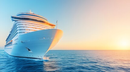 Cruise ship sailing on the ocean at sunset with clear sky and calm water.