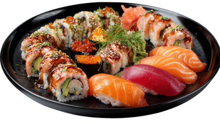 Set of sushi and maki with soy sauce over blue stone background. Top view with copy space