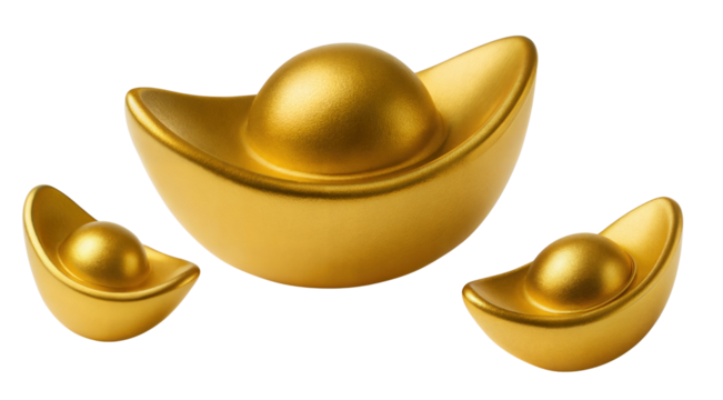 Free shining Chinese gold ingots rest against a transparent background