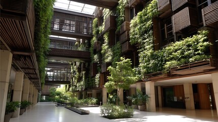 Fototapeta premium Lush green vertical garden adorning modern building facade, a sustainable eco architecture
