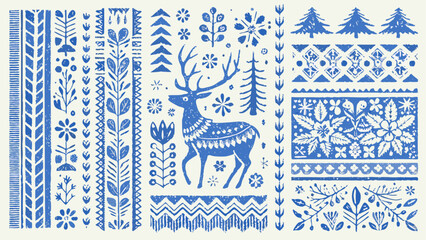 Blue folk art pattern with deer trees and floral elements in a scandinavian style inspired christmas design silhouette
