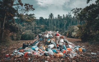 A large pile of garbage in the forest
