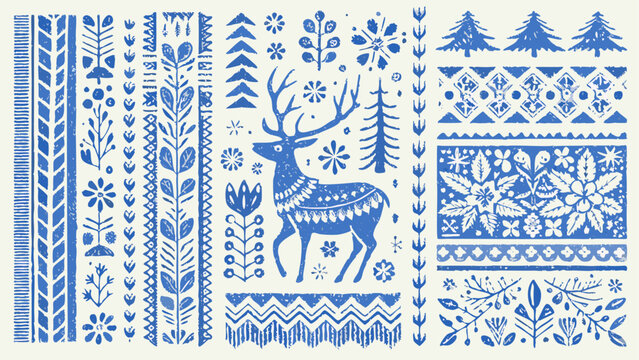 Fototapeta Blue folk art pattern with deer trees and floral elements in a scandinavian style inspired christmas design silhouette