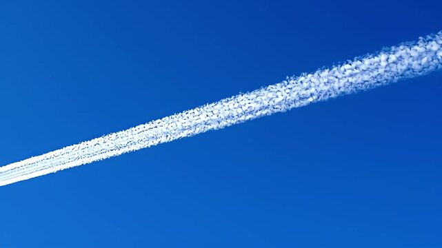 White contrail streaks across a stark, cloudless blue sky in a bright daytime scene