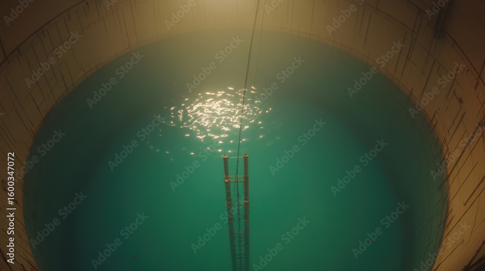 Poster overhead view of reactor pool with clear blue water and visible ladder extending into pool, creating