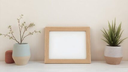 Realistic border wooden rectangular natural frame with shadow. Empty wooden frame boarder for presentations