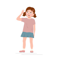 Cute little girl surprised and raised her hand