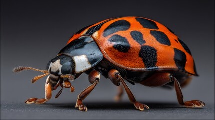 Fototapeta premium Macro Shot of an Orange Ladybug with Black Spots, Isolated on a Grey Background