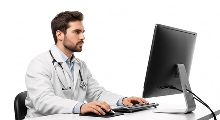 Focused Medical Doctor Diligently Working on a Laptop Computer Isolated on a Clean White Background