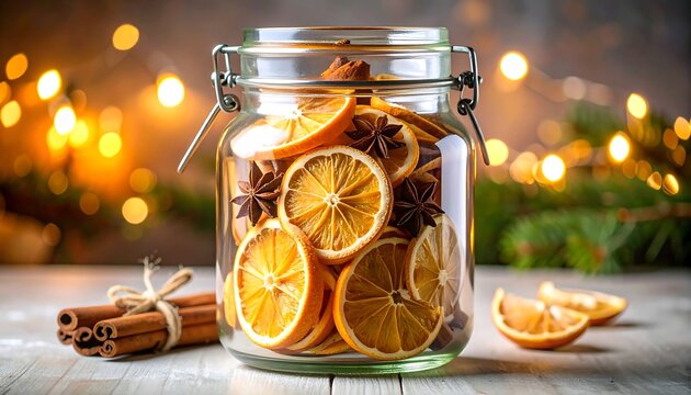 Glass jar filled with dried orange slices, cinnamon sticks, and star anise, against a bokeh background - Powered by Adobe