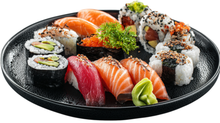 Set of sushi and maki with soy sauce over blue stone background. Top view with copy space