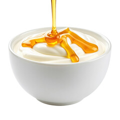 Creamy White Yogurt Topped With Thick Golden Honey Dripping Slowly From Above isolated on transparent background. PNG die-cut for advertising