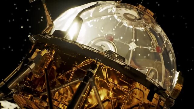 Metallic lunar lander stands on moon surface, bathed in bright sunlight against starlit sky