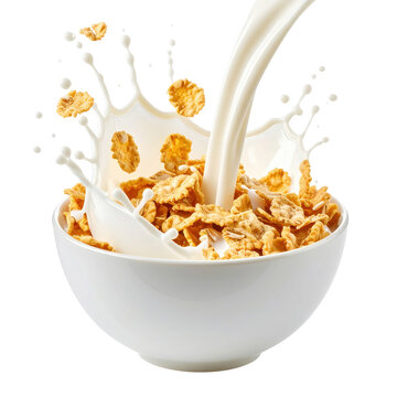 A white bowl filled with cornflakes with milk splashing and pouring into the cereal isolated on transparent background. PNG die-cut for advertising