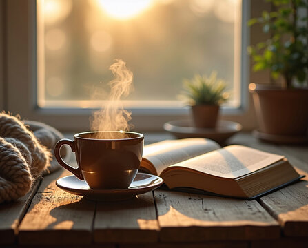 Cozy morning tea scene with herbal drink, open book and wool blanket on rustic wooden table by sunny window, warm tones and peaceful natural atmosphere, no digital devices