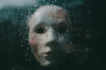 Mysterious mask obscured by raindrops on a glass surface at twilight