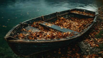 Old boat filled with autumn leaves by water