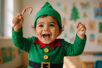 Joyful toddler dressed as an elf holding a candy cane in a colorful festive room celebrating Christmas