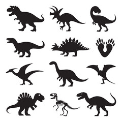 Vector art of a collection of diverse dinosaur silhouettes and a footprint, representing various prehistoric creatures