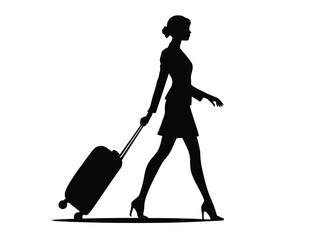 silhouettes of travelers with suitcases, business woman with suitcase