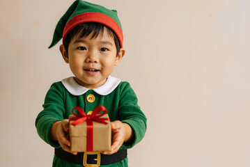 Cute asian toddler in festive elf costume holding gift box and smiling against beige background during christmas holiday