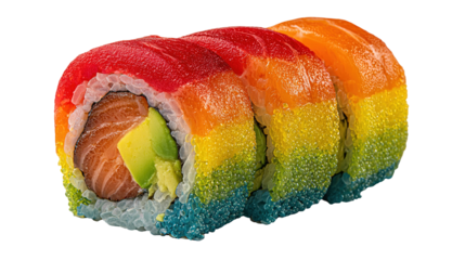 Set of sushi and maki with soy sauce over blue stone background. Top view with copy space