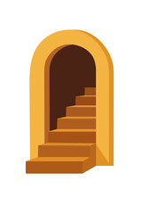 Archway with brown stairs, minimal architectural staircase inside yellow gateway, vector illustration