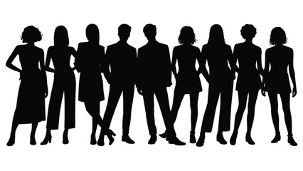 Silhouettes of various people standing in different poses in white background