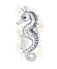 Fototapeta premium Intricate black and white seahorse sketch with crown and abstract watercolor