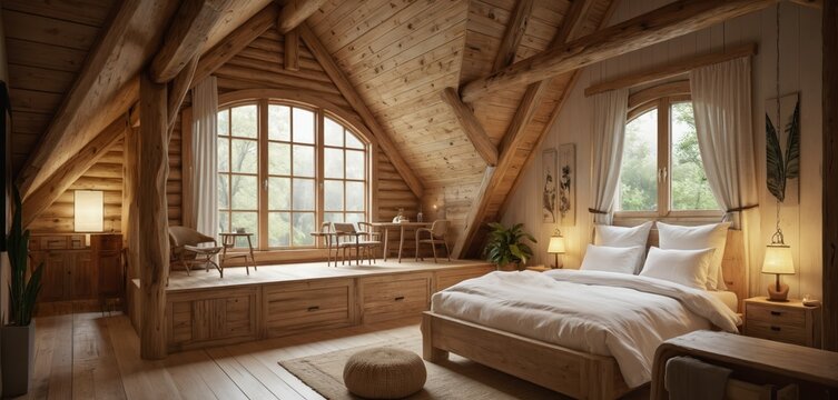 Rustic bedroom interior features wooden beams, log columns, timber lining. Comfortable bed with white linens central, complemented by cozy seating area near large arched window overlooking green