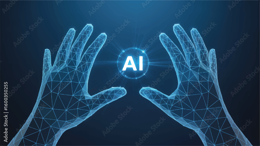 Poster ai interaction : a stunning image depicts two digital hands enveloping a central ai sphere, creating