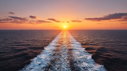 Ocean water trail leads to a bright sunset on the horizon with clouds.
