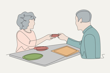 Colored couple sharing food. Sharing meals concept one-line drawing
