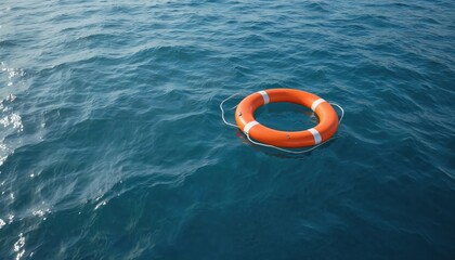 Orange and white lifebuoy floats on calm blue water. Life preserver bobbing on serene sea surface. Rescue equipment, safety floatation device for maritime, nautical, beach, swimming.