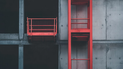 Red metal frame construction elevator stands against concrete wall, showcasing modern industrial design. contrast between vibrant red and gray surfaces creates striking visual impact